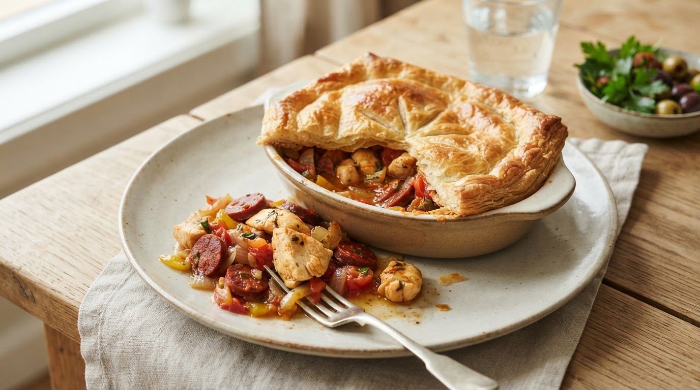 Spansk empanada-kyllingform med chorizo og sprøtt lokk – illustrasjonsbilde