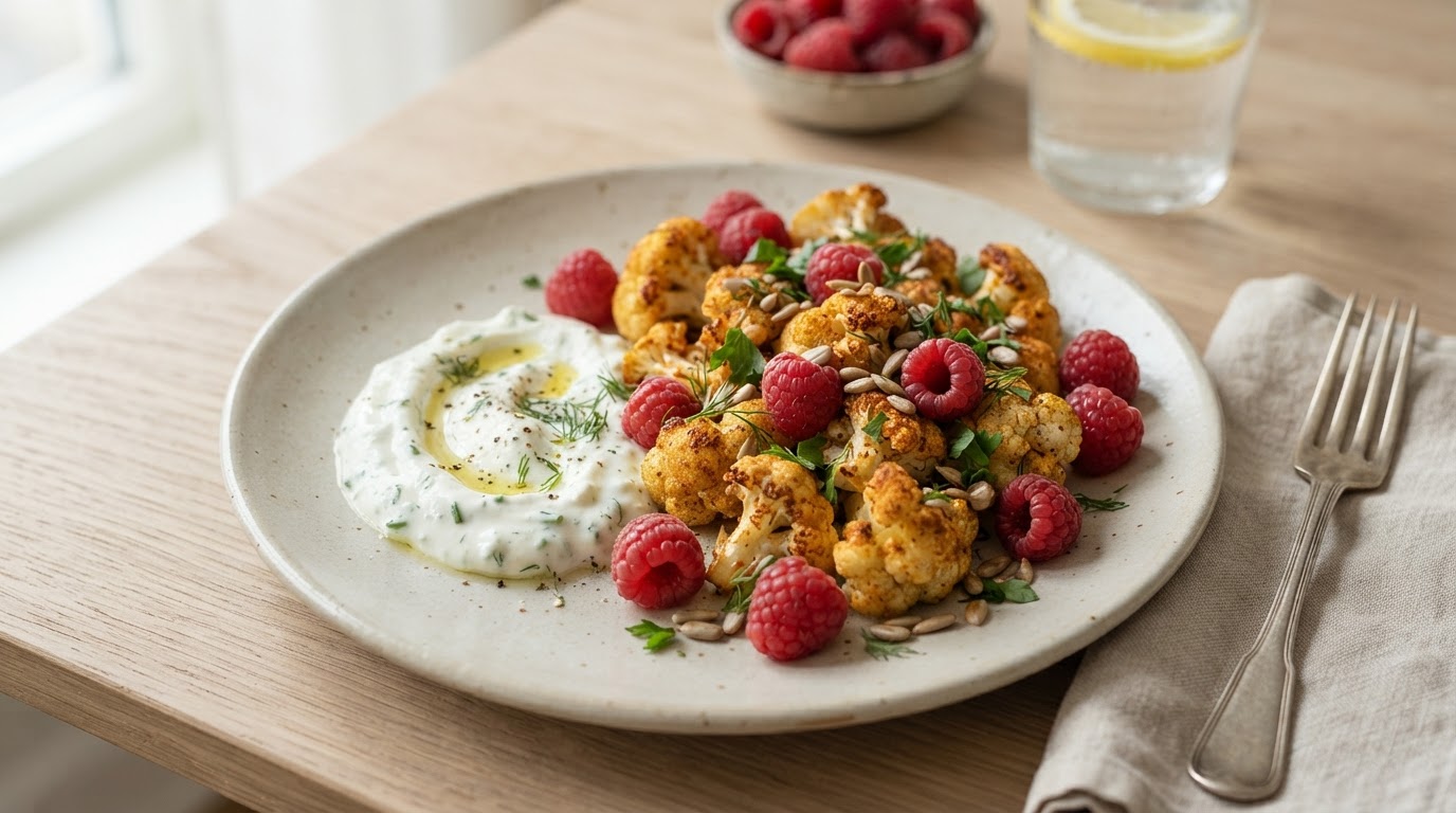 Sprø bakt blomkål med augustbringebær og frisk yoghurtdipp – illustrasjonsbilde