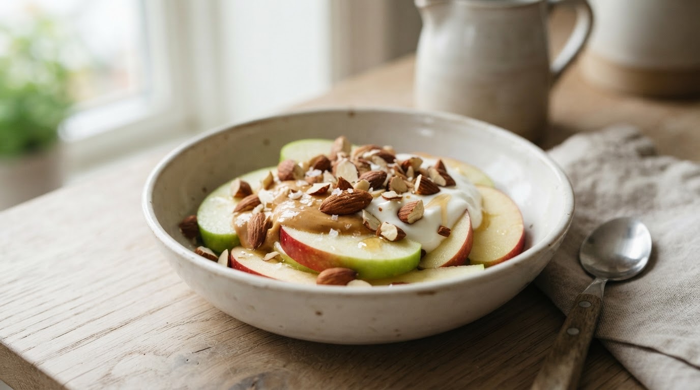 Sprø Eple-crunch med Peanøttsmør og Mandler – illustrasjonsbilde