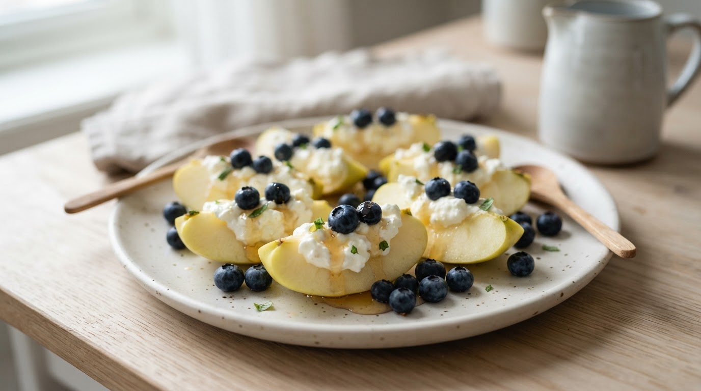 Sprø eplebåter med cottage cheese og ferske blåbær – illustrasjonsbilde