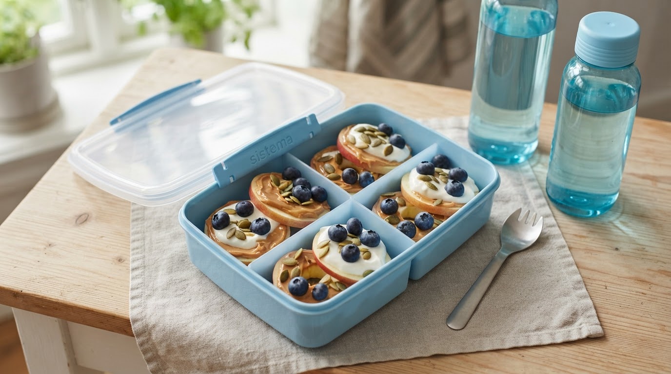 Sprø epleringer med peanøttsmør, vaniljekvarg og ferske blåbær – illustrasjonsbilde