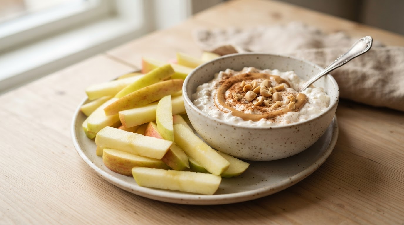 Sprø eplestaver med kremet peanøtt- og kaneldipp – illustrasjonsbilde