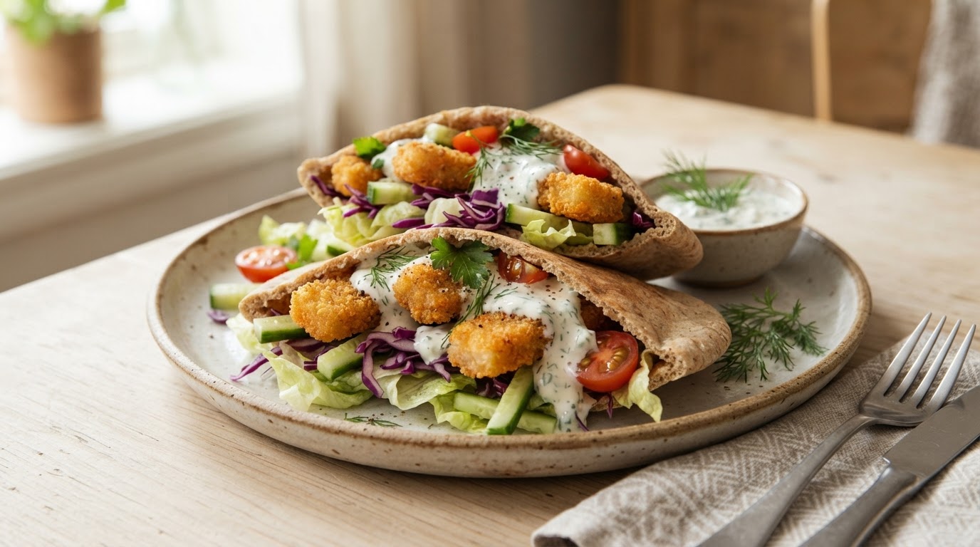 Sprø fiskepinner i pita med frisk rømmedressing – slik ser retten ut