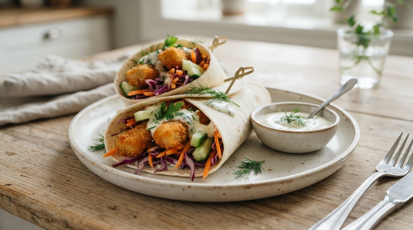 Sprø fiskepinner i wraps med frisk råkost og mild dressing – illustrasjonsbilde