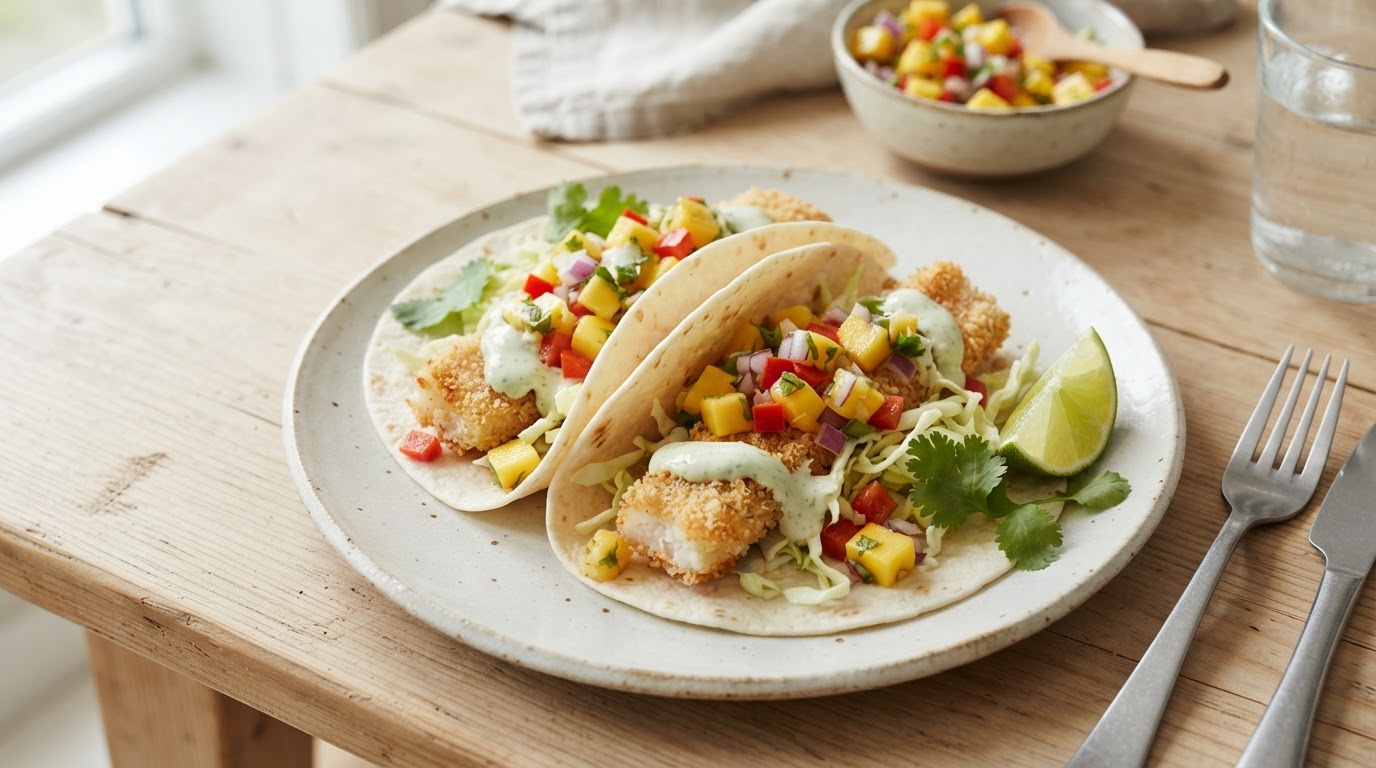 Sprø fisketaco med mild mangosalsa – slik ser retten ut