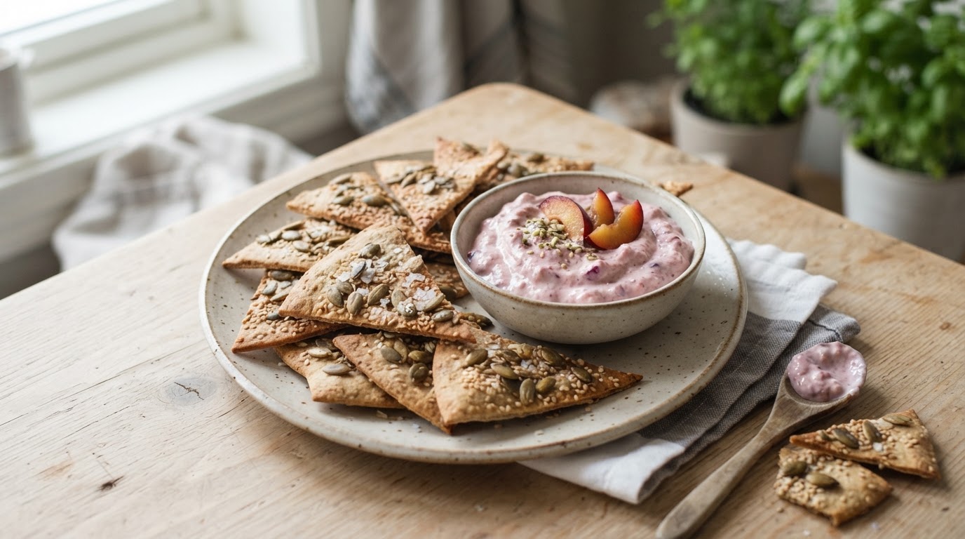 Sprø frø-pitachips med kremet plomme- og cottage cheese-dipp – illustrasjonsbilde