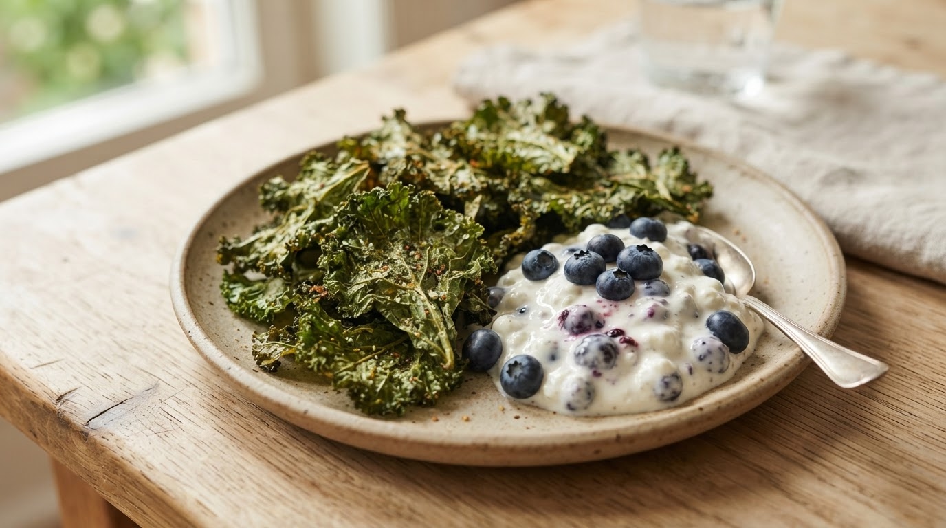 Sprø grønnkålchips med augustblåbær og cottage cheese – illustrasjonsbilde