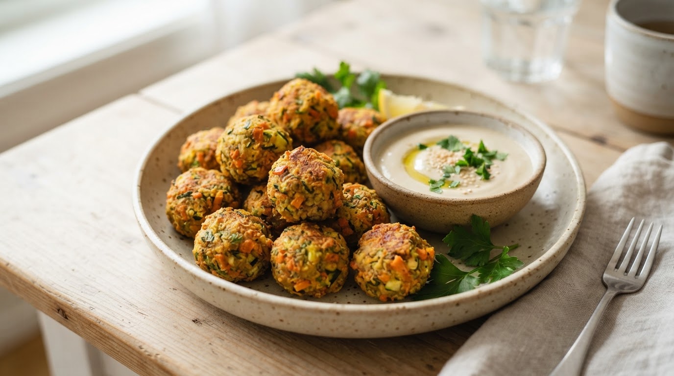 Sprø grønnsaksboller med mild tahinidip – slik ser retten ut