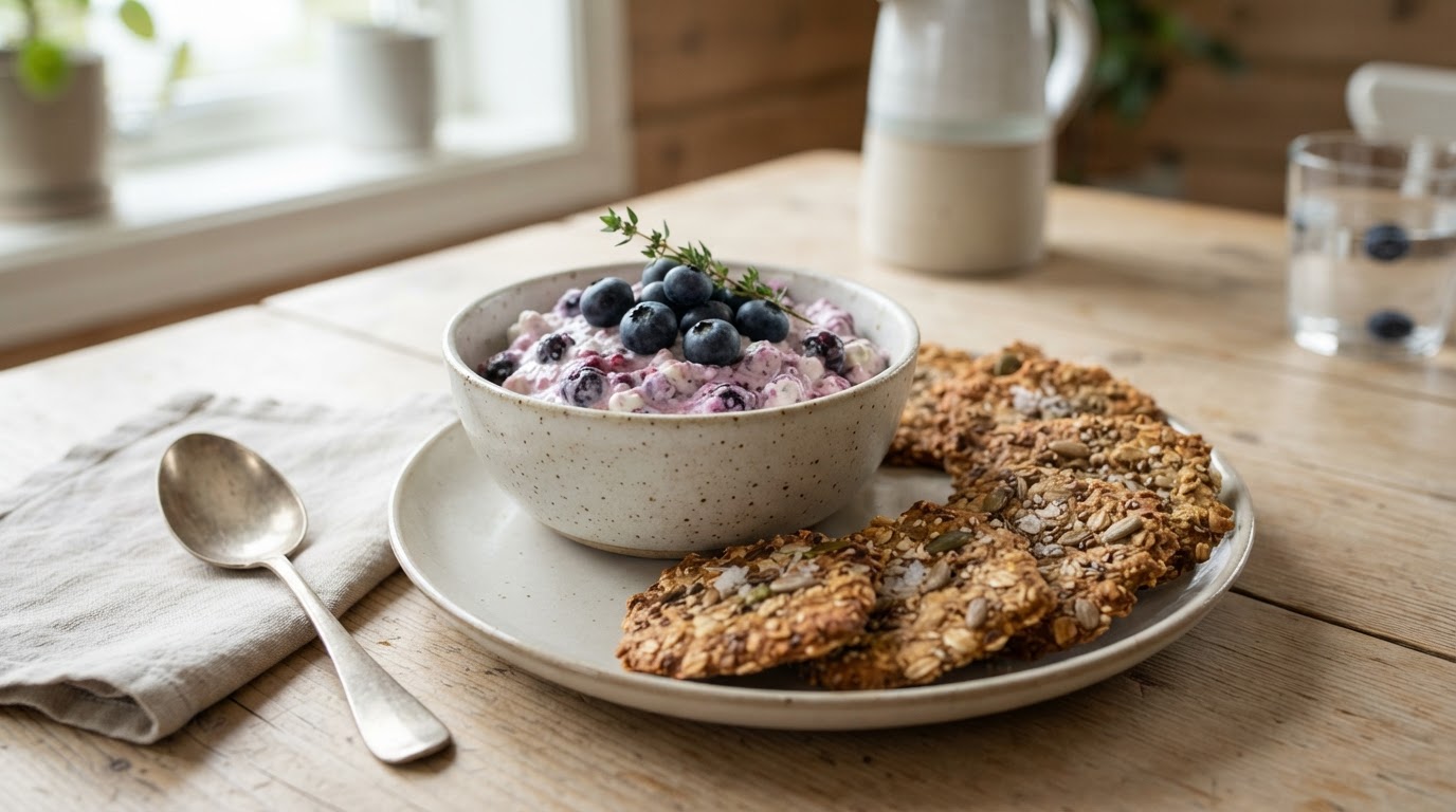 Sprø havre- og frøkjeks med frisk blåbær- og cottage cheese-dipp – illustrasjonsbilde