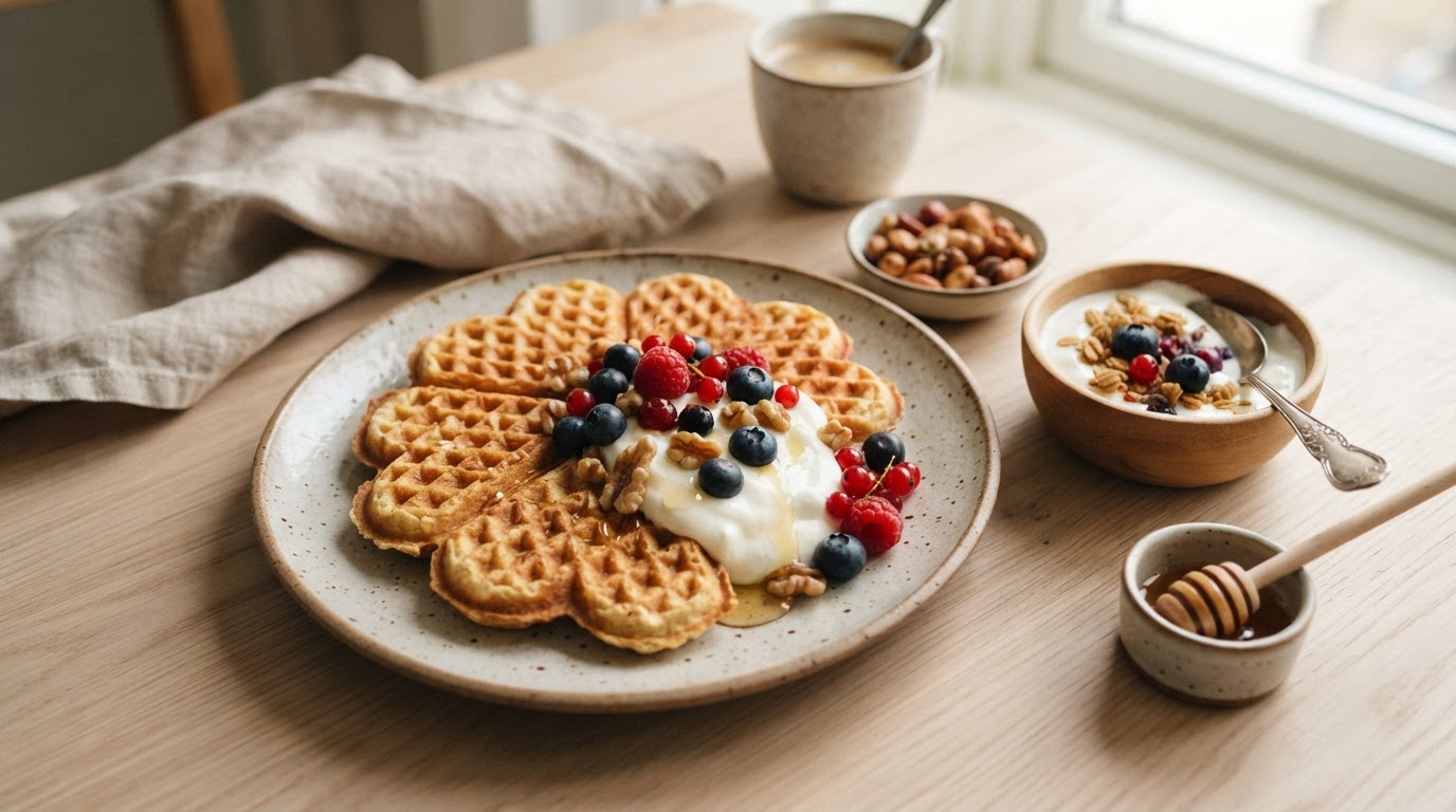 Sprø havrevaffel-hjerter med fargerik frokostbuffé – illustrasjonsbilde