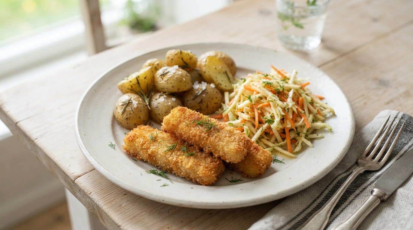 Sprø hjemmelagde fiskepinner i airfryer med nypoteter og epleråkost – illustrasjonsbilde