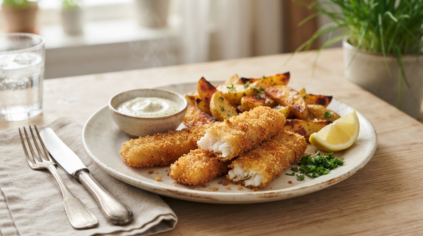 Sprø hjemmelagde fiskepinner med potetbåter i airfryer – illustrasjonsbilde