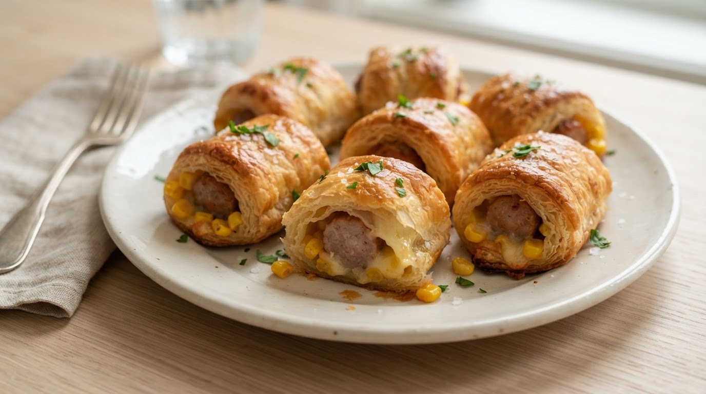 Sprø innbakte pølser med ost og mais – slik ser retten ut
