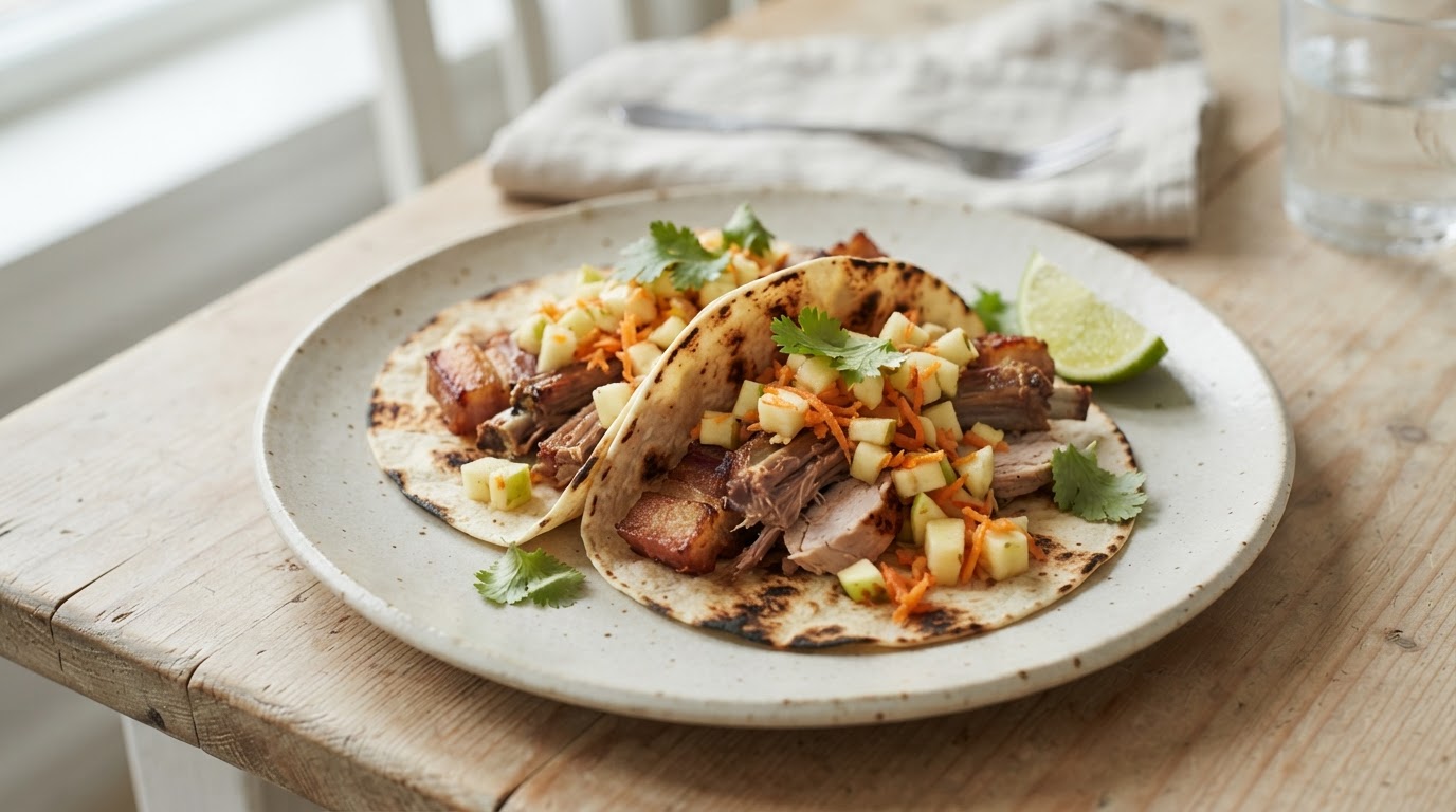 Sprø jule-taco med julerester og frisk eplesalsa – illustrasjonsbilde