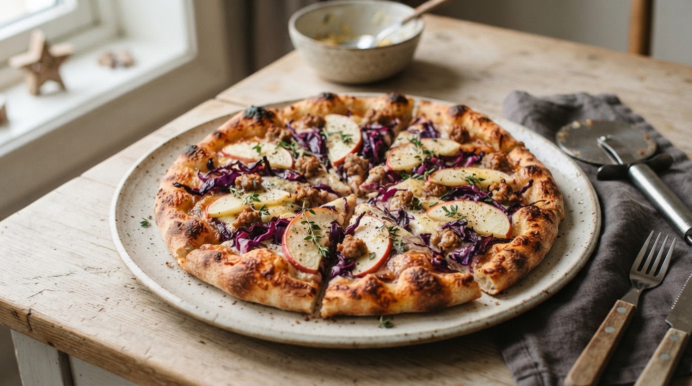 Sprø julepizza med medisterdeig, eple og rødkål – illustrasjonsbilde