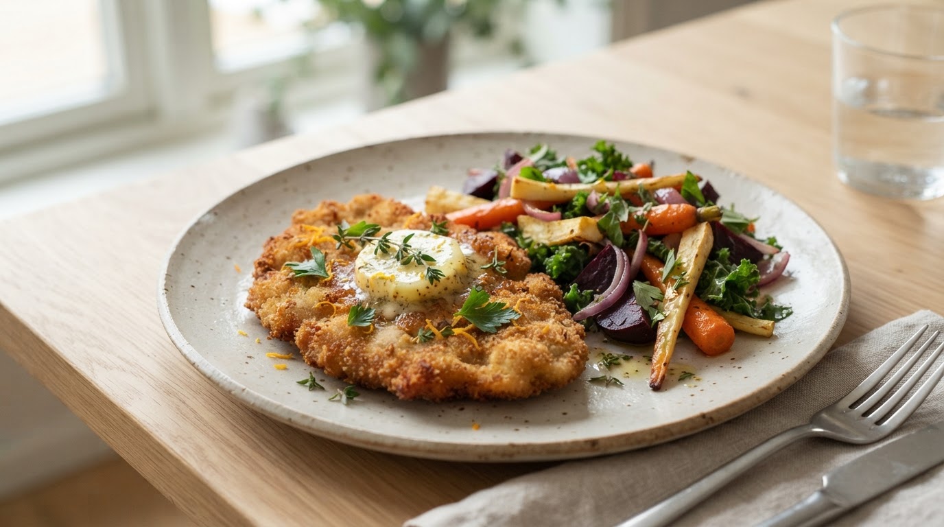 Sprø juleschnitzel med klementinsmør og lun rotfruktsalat – illustrasjonsbilde