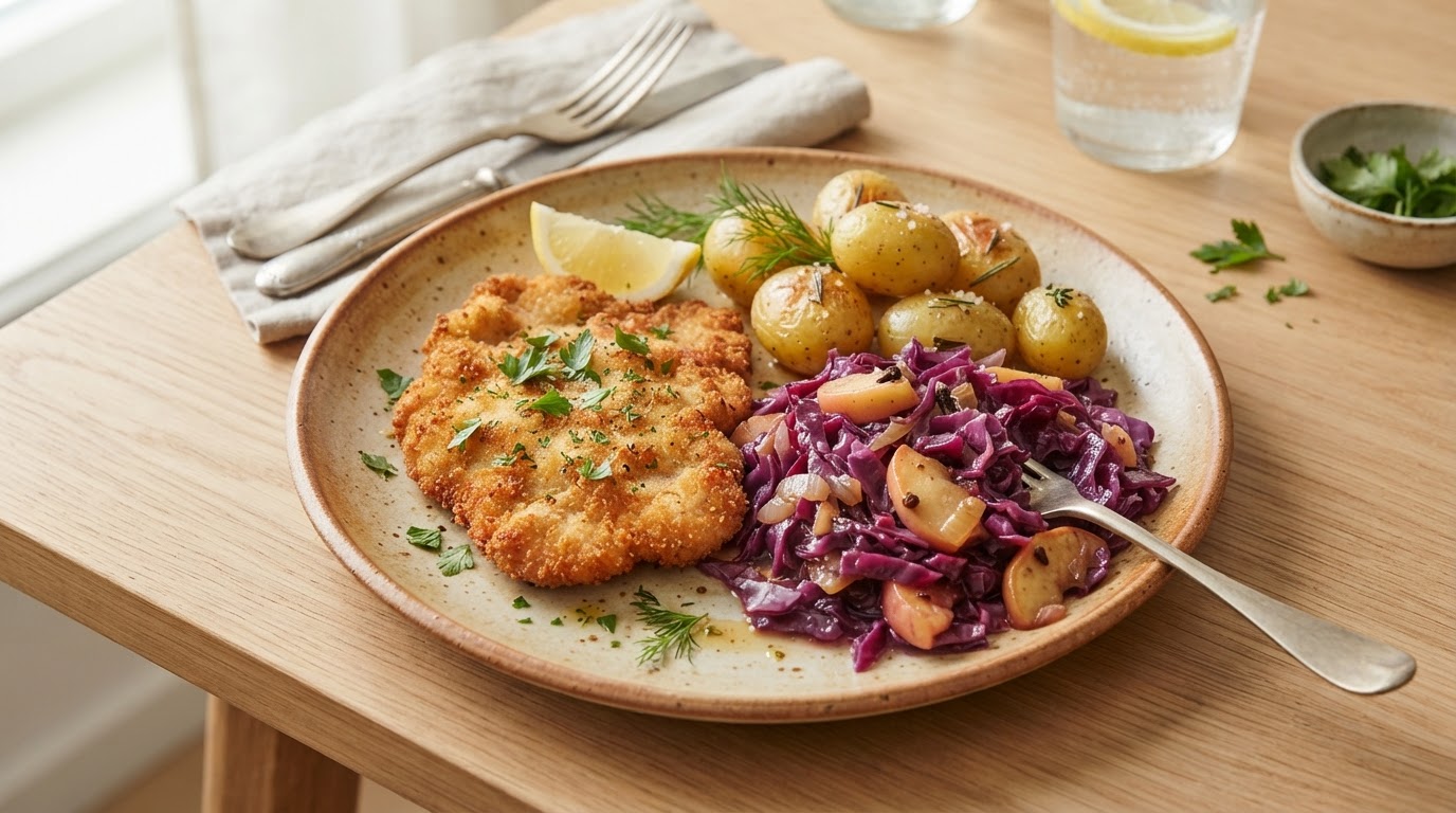 Sprø juleschnitzel med varm eple- og rødkålsalat – illustrasjonsbilde
