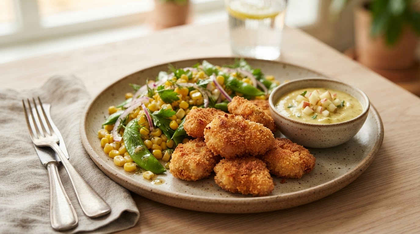 Sprø kyllingnuggets i airfryer med frisk maissalat og epledipp – illustrasjonsbilde