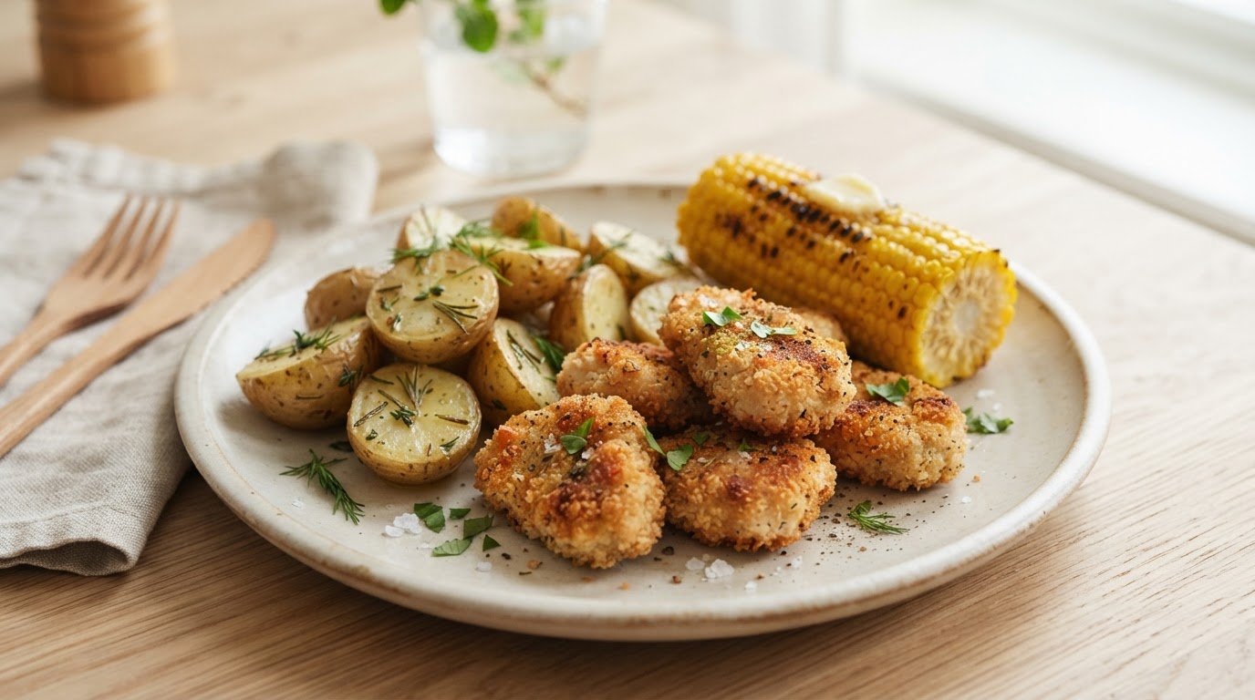 Sprø kyllingnuggets i airfryer med nypoteter og fersk mais – illustrasjonsbilde