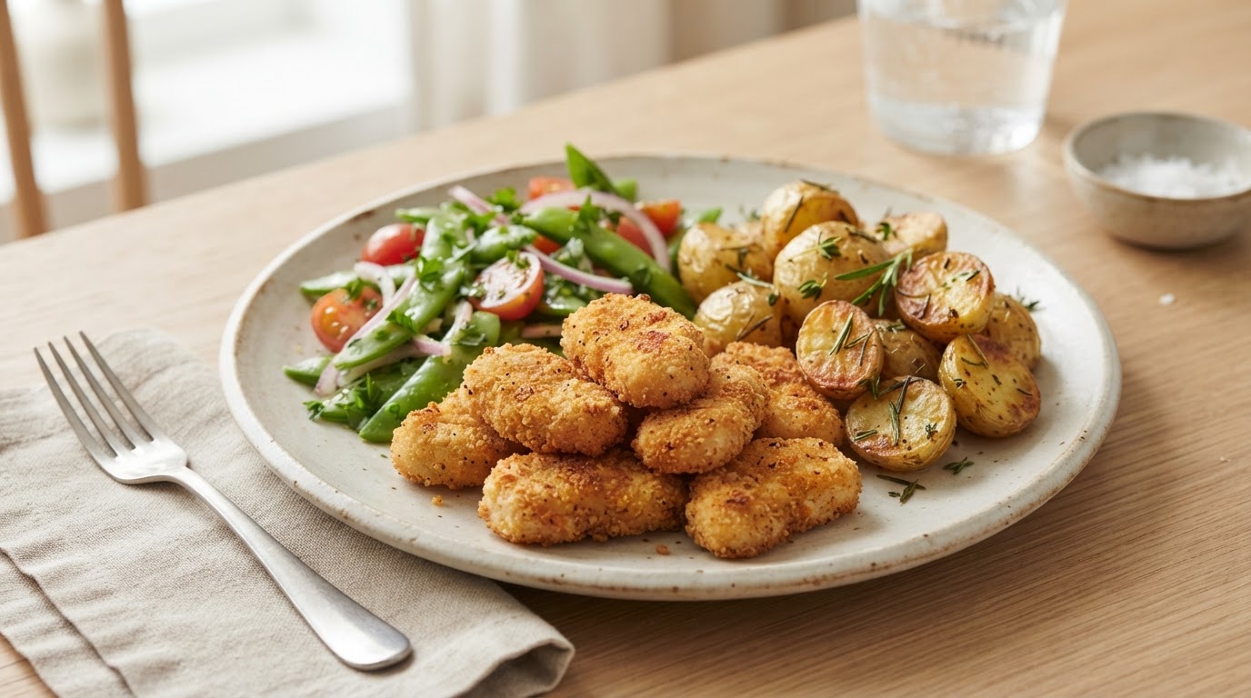 Sprø kyllingnuggets i airfryer med nypoteter og sukkererter – illustrasjonsbilde