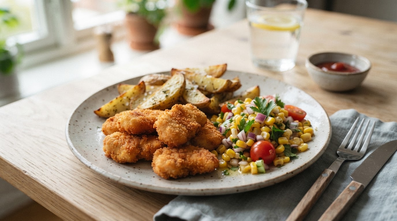 Sprø kyllingnuggets i airfryer med potetbåter og maissalat – illustrasjonsbilde