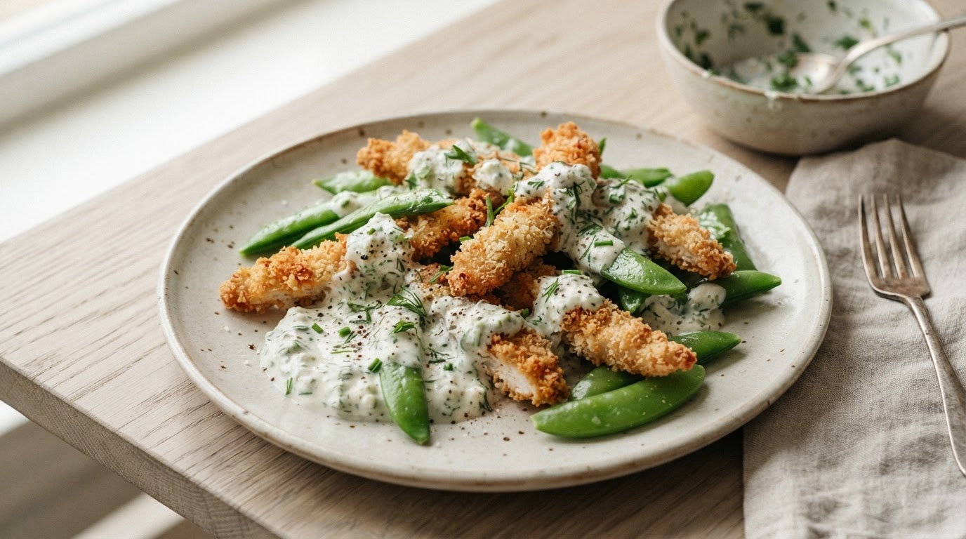 Sprø kyllingstrimler og sukkererter med proteinrik urtedipp – illustrasjonsbilde