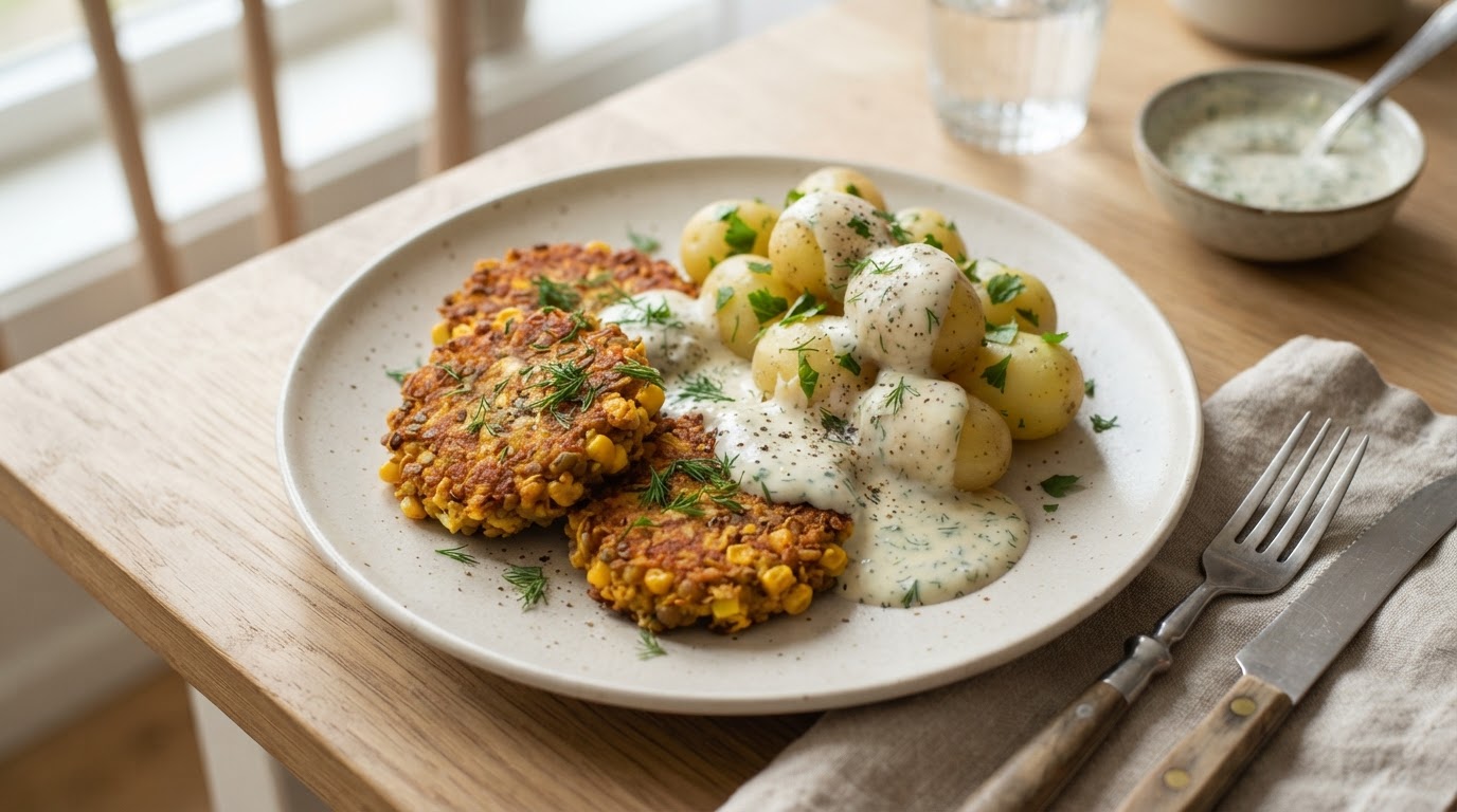 Sprø linsekaker med fersk mais, nypoteter og mild dillsaus – illustrasjonsbilde