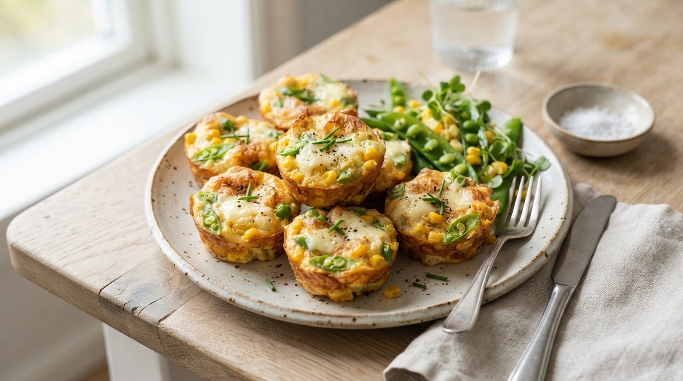 Sprø mini-omelettmuffins med fersk augustmais og sukkererter – illustrasjonsbilde