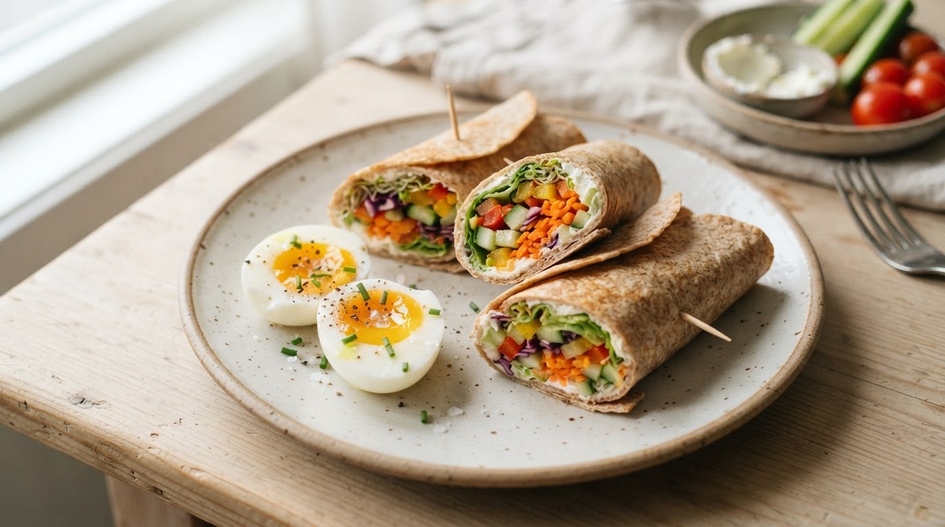 Sprø mini-veggiewraps med kremost og friske augustgrønnsaker – illustrasjonsbilde