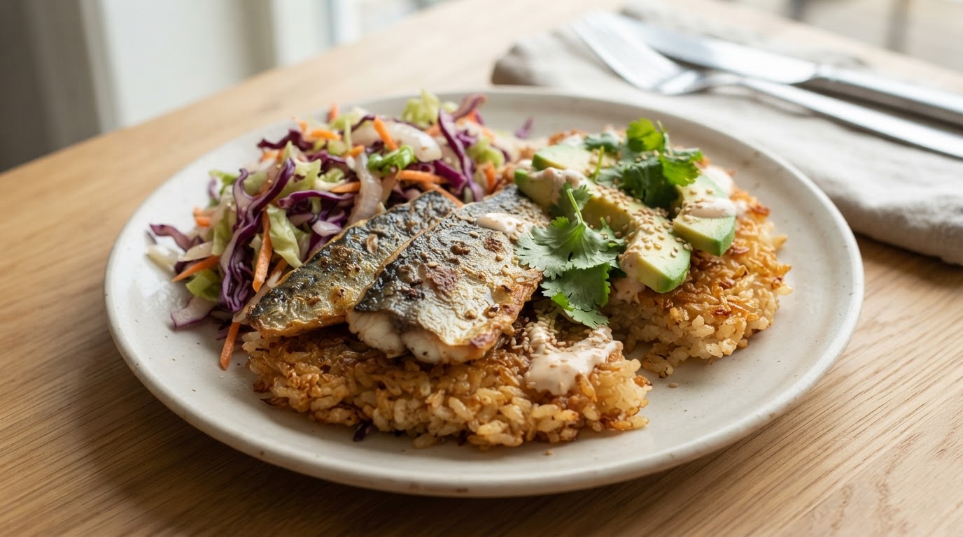 Sprø ovnsbakt «crispy rice» med fersk makrell og frisk høstkål – slik ser retten ut