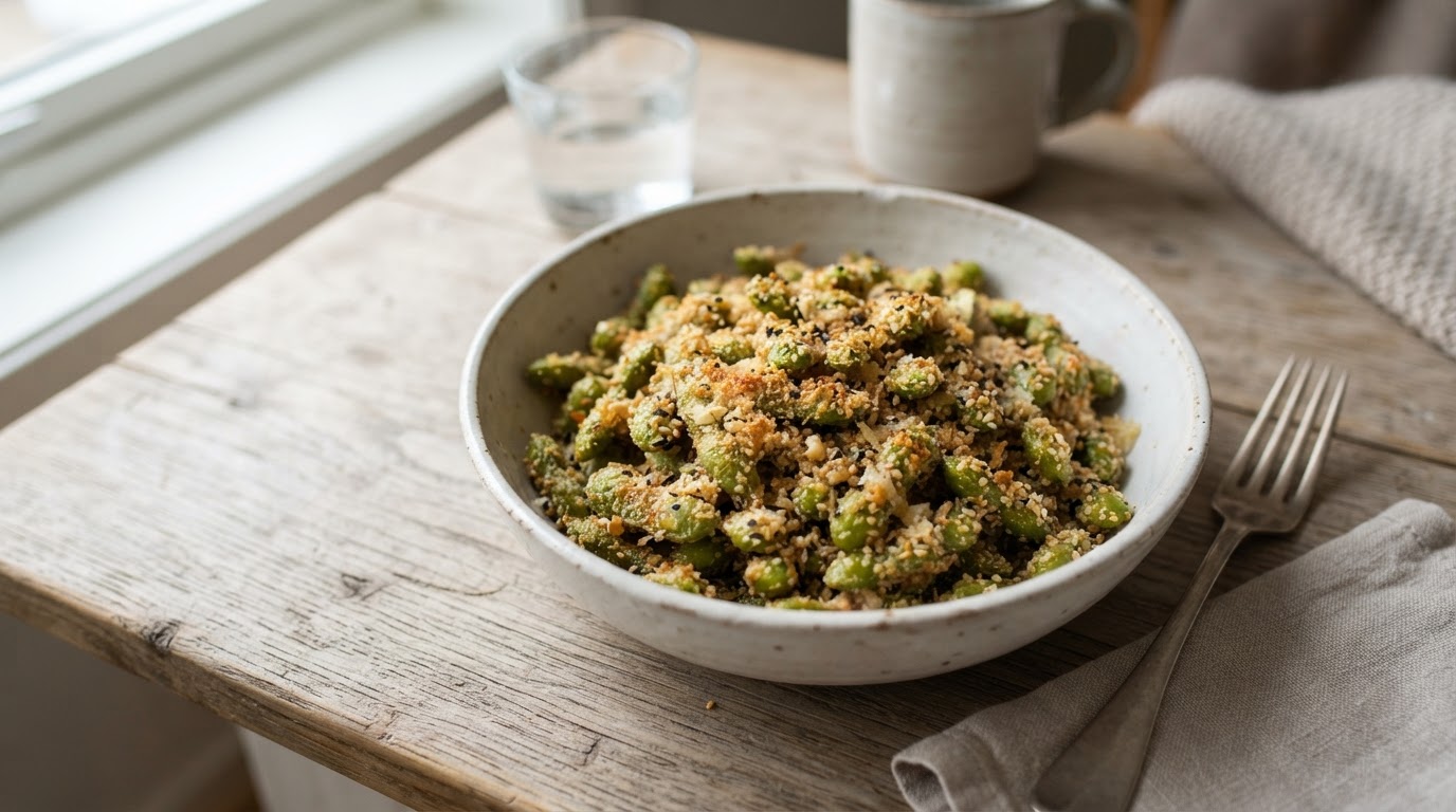 Sprø ovnsbakte edamamebønner med parmesan og sesam – illustrasjonsbilde