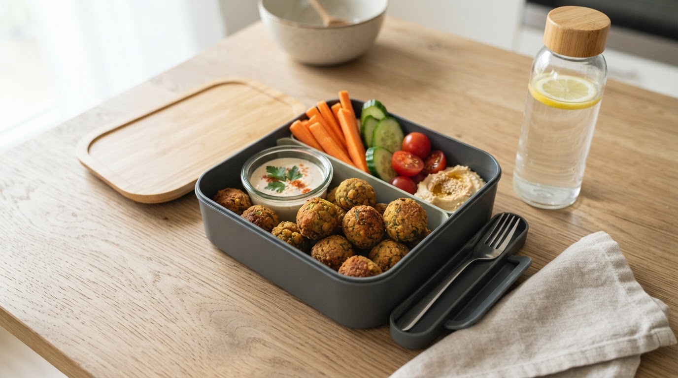 Sprø ovnsbakte falafelkuler med mild sesamdip – slik ser retten ut