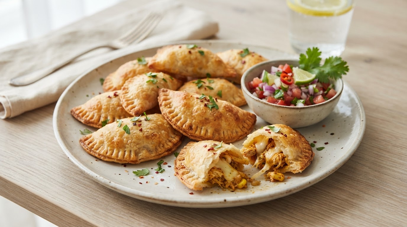 Sprø ovnsbakte mini-empanadas med kylling og ost – illustrasjonsbilde