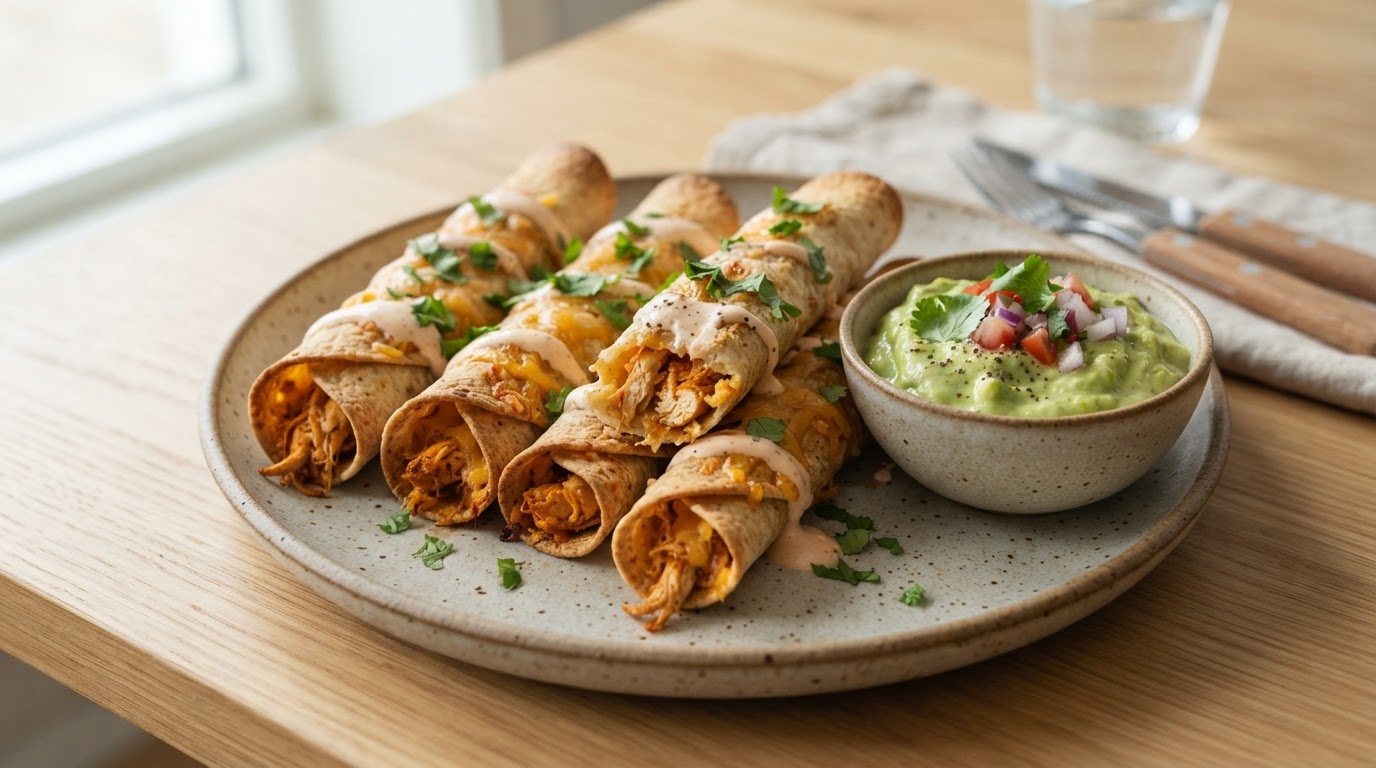 Sprø ovnsbakte taquitos med kylling og avokadodipp – illustrasjonsbilde