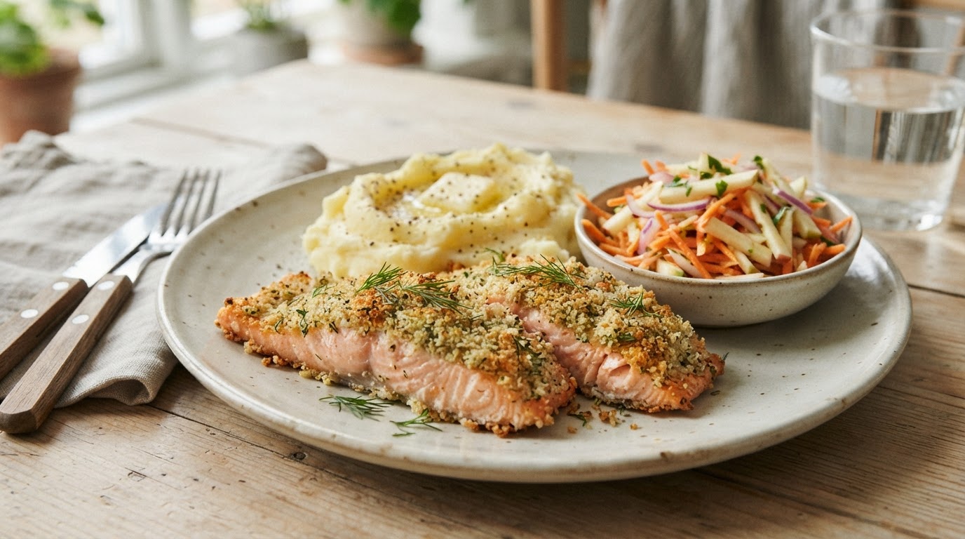 Sprø panert tofu i airfryer med potetstappe og råkostsalat – vegetar – slik ser retten ut