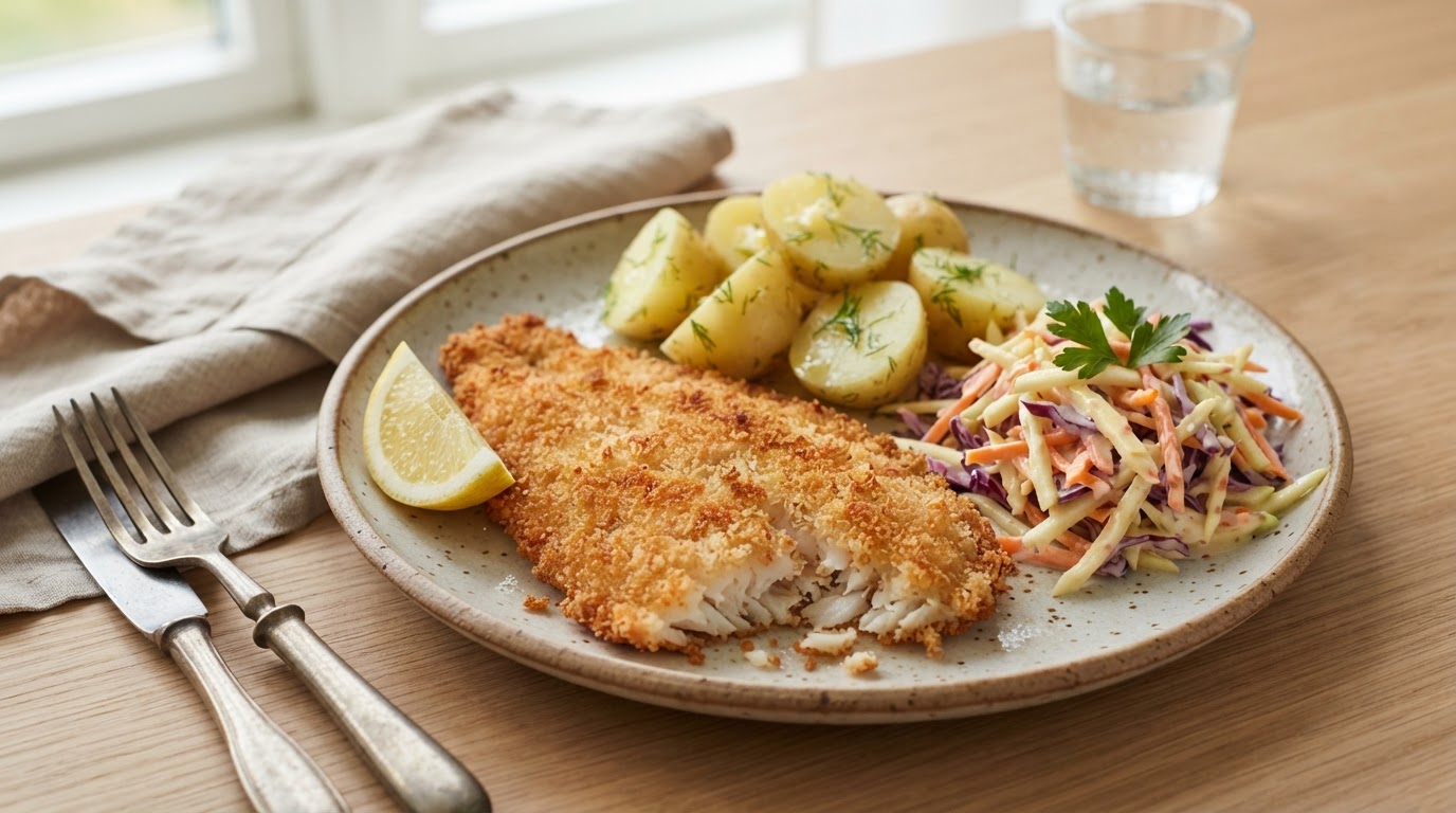 Sprø panert rødspette i airfryer med nypoteter og epleråkost – illustrasjonsbilde
