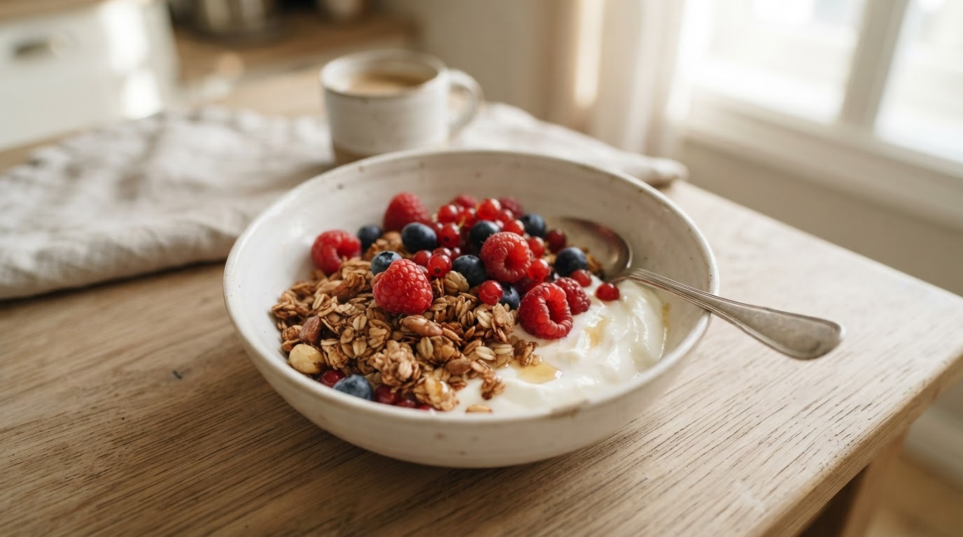 Sprø pannegranola med gresk yoghurt og friske bær – illustrasjonsbilde
