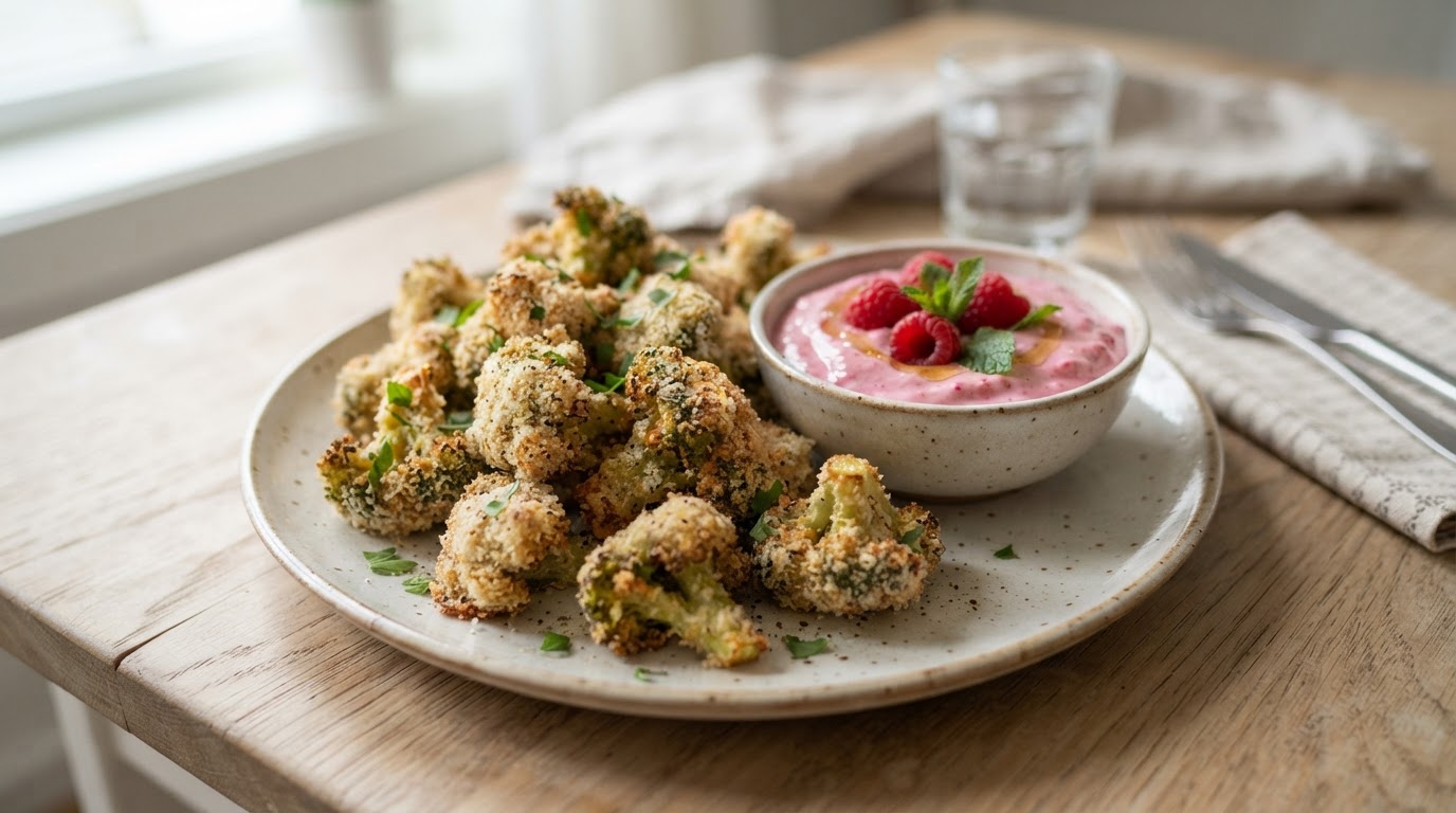 Sprø parmesanbakte brokkolibiter med frisk bringebærdipp – illustrasjonsbilde