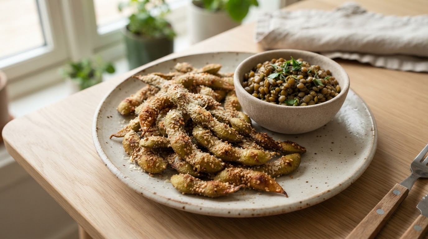 Sprø parmesanbakte edamamebønner – illustrasjonsbilde