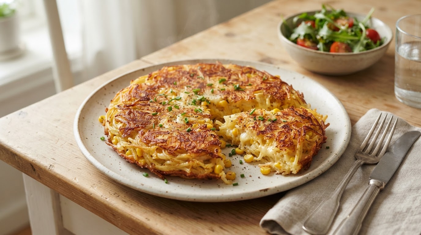 Sprø pastapannekake med fersk mais og ost – illustrasjonsbilde