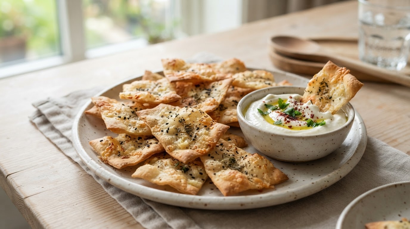 Sprø pitachips med kremet fetaostdip