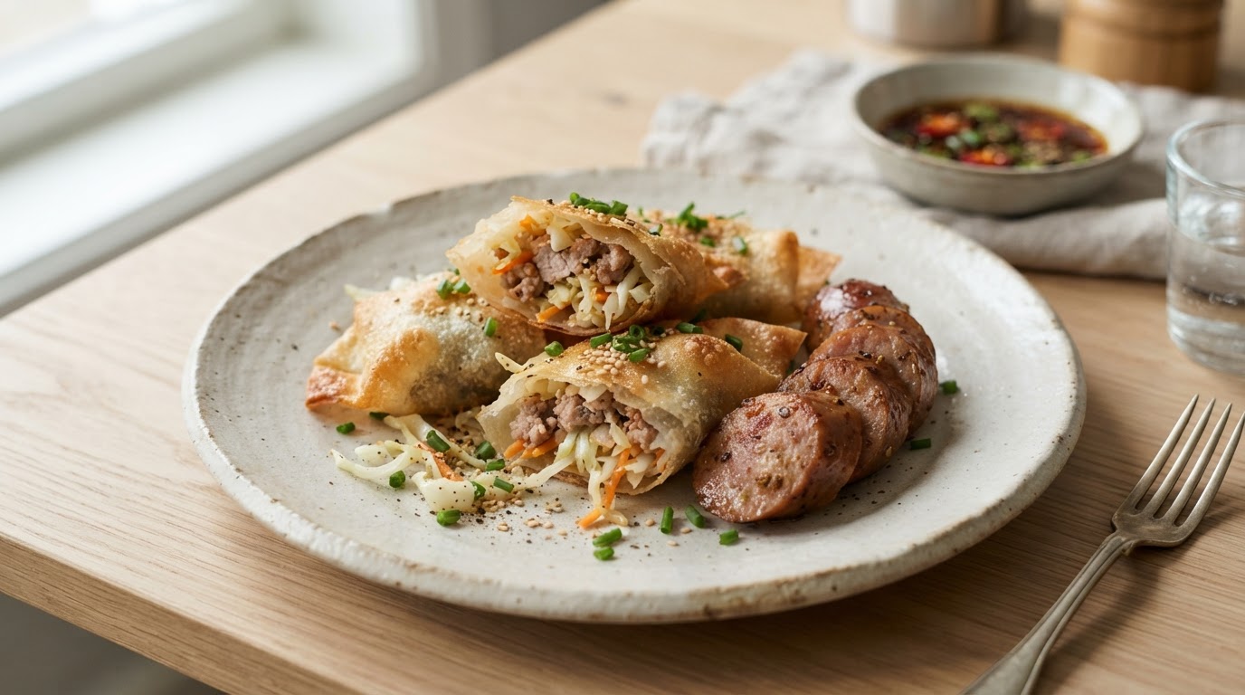 Sprø rispapirdumplings med svinekjøtt og sesongens høstkål – slik ser retten ut