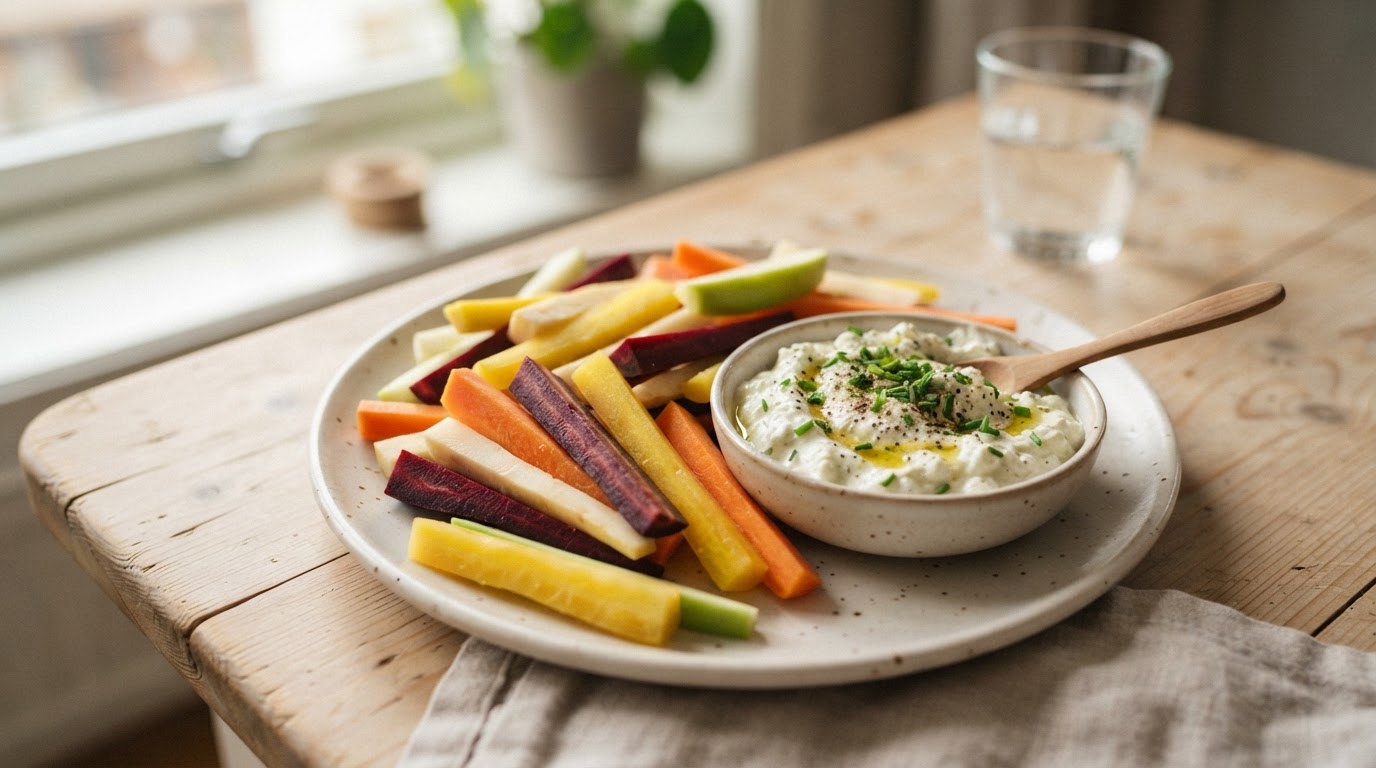 Sprø rotgrønnsaker med kremet cottage cheese-dipp – illustrasjonsbilde