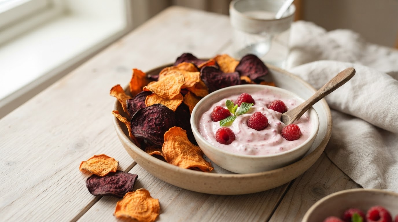 Sprø rotgrønnsakschips med frisk bringebær- og cottage cheese-dipp – illustrasjonsbilde