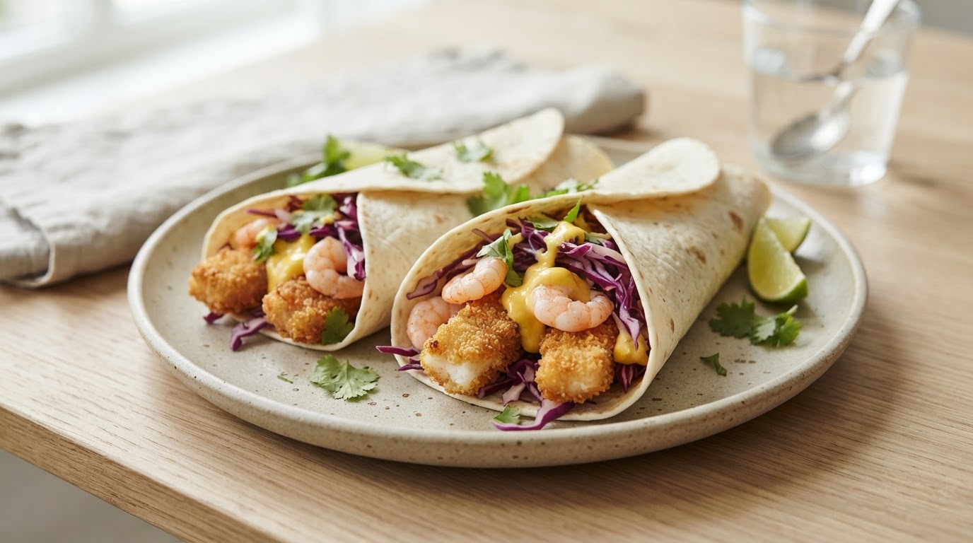 Sprø sjømatwraps med torsk, reker og mild mangodressing – slik ser retten ut
