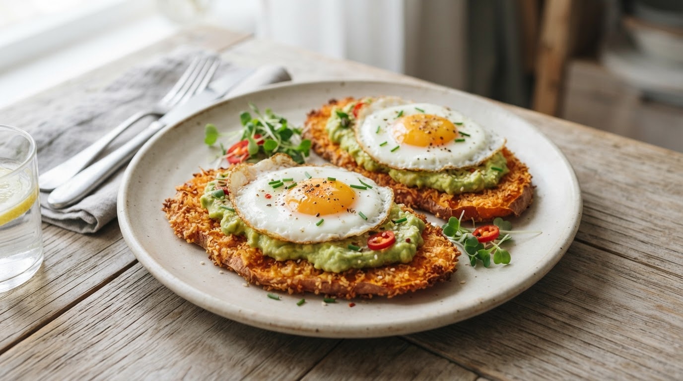 Sprø søtpotettoast med kremet avokado og speilegg – slik ser retten ut