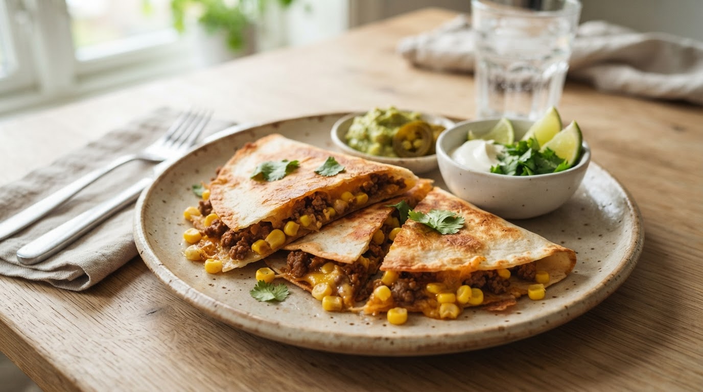 Sprø taco-quesadilla med restekjøttdeig og fersk mais – illustrasjonsbilde