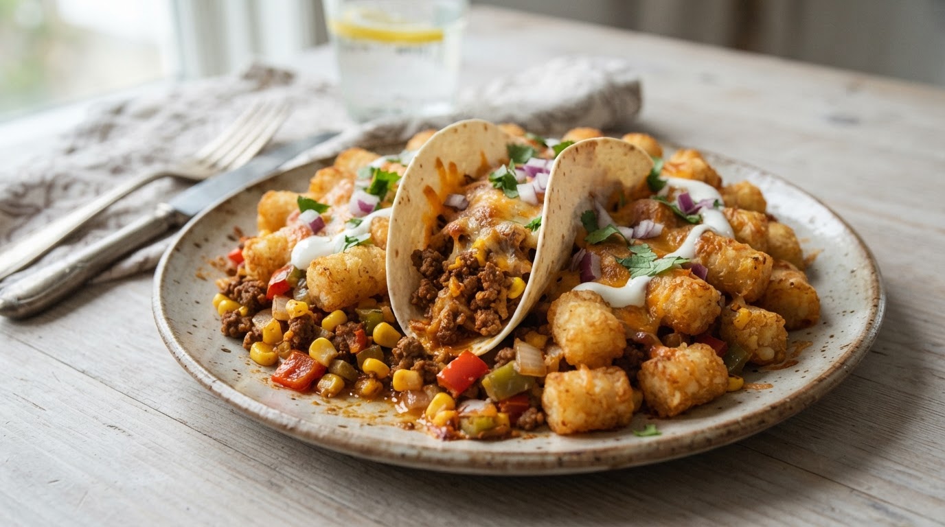 Sprø tacoform med tater tots og smeltet ost – illustrasjonsbilde