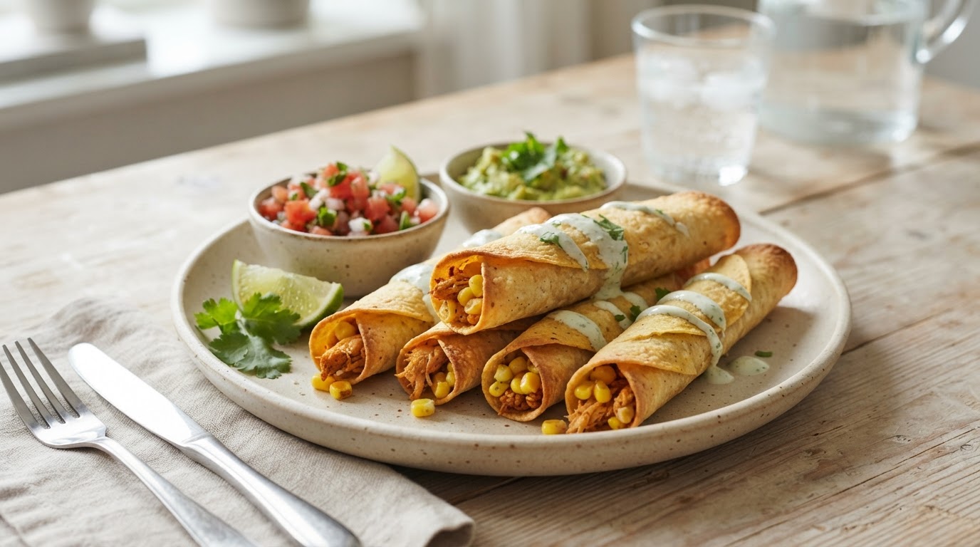 Sprø taquitos i airfryer med kylling og fersk mais – illustrasjonsbilde