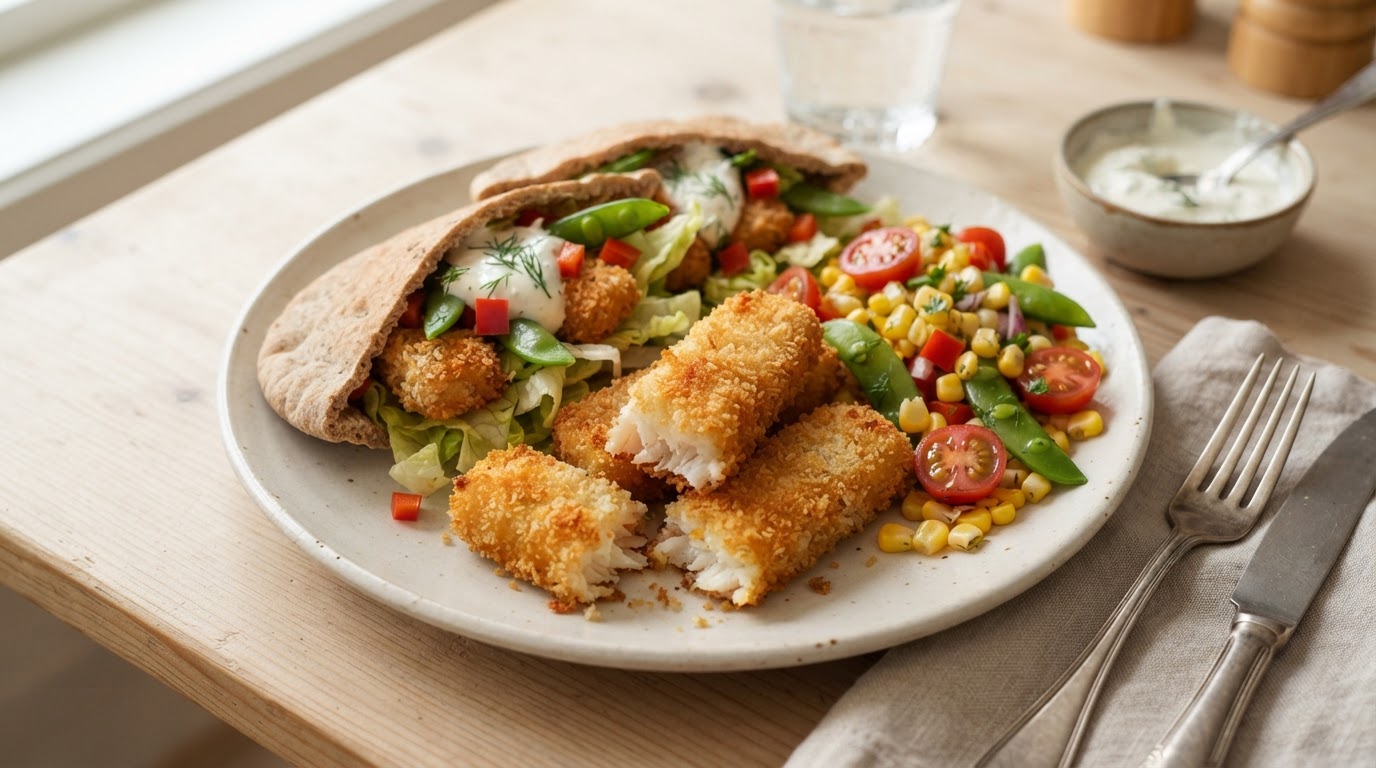 Sprø torskepinner i airfryer med fersk mais og pitabrød – illustrasjonsbilde